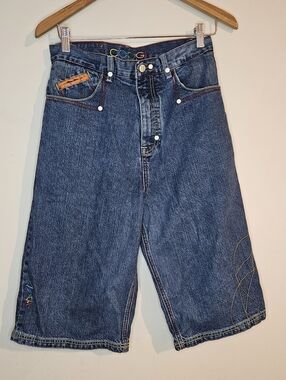COOGI Embroidered Denim Shorts Y2K Baggy Fit Size 18 Streetwear Blue Jorts